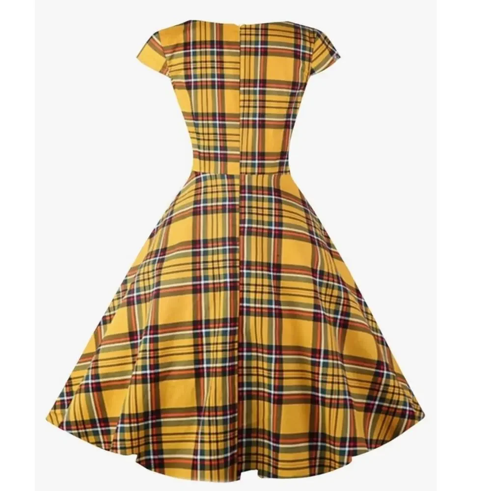 Hanpceirs Cap Sleeve 1950s Retro Vintage Style swing Gold Plaid Dress size XS
